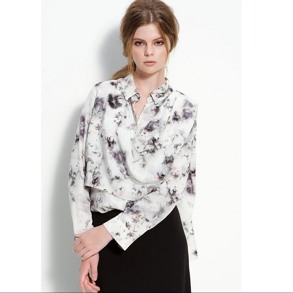 Leith Ivory Abstract Print Wrap Around Silk Blouse